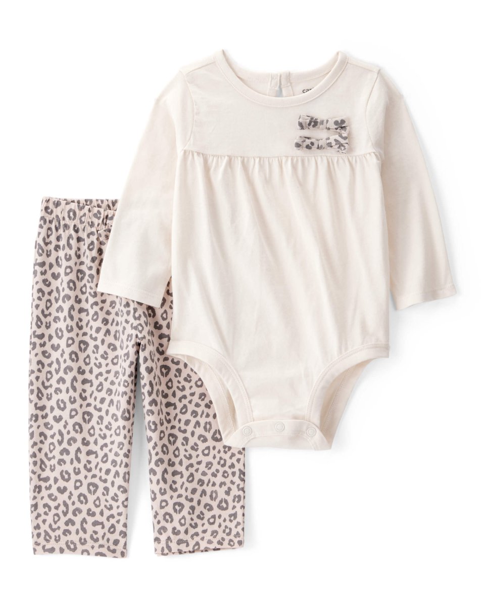 Conjunto 2 piezas con body de lazos y pantalón leopardo