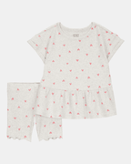 Conjunto de dos piezas de algodón acanalado, pantalón corto y blusa, diseño corazones