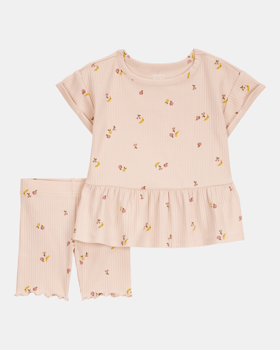 Conjunto de dos piezas de algodón acanalado, pantalón corto y blusa, diseño frutas