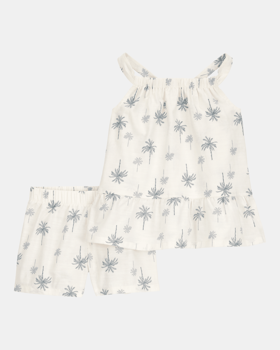 Conjunto de dos piezas de algodón, pantalón corto y blusa sin mangas, diseño palmas