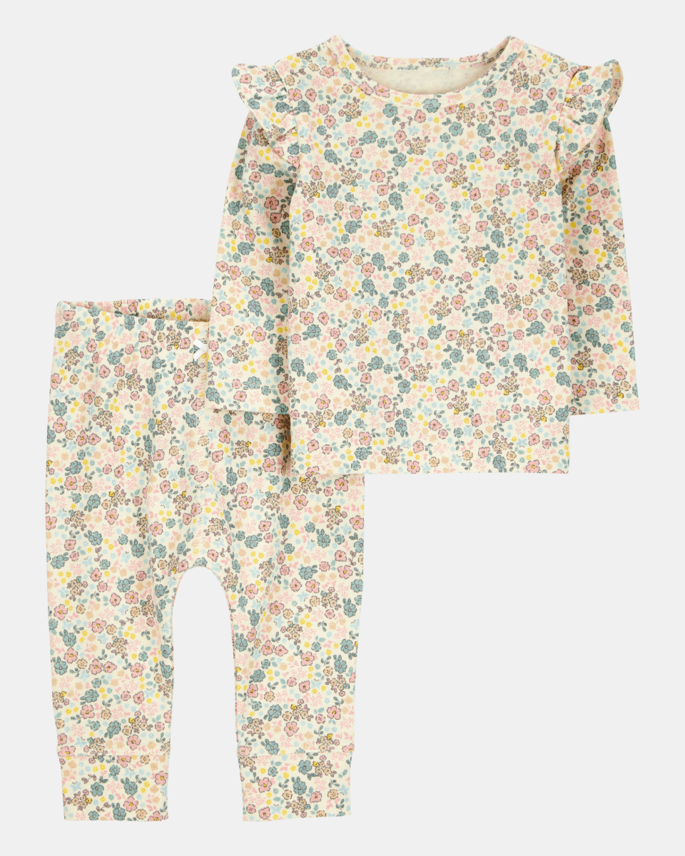 Conjunto de dos piezas de algodón, pantalón y camiseta, diseño floral