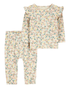Conjunto de dos piezas de algodón, pantalón y camiseta, diseño floral