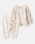 Conjunto de dos piezas en algodón con cardigán marfil floral y pantalón