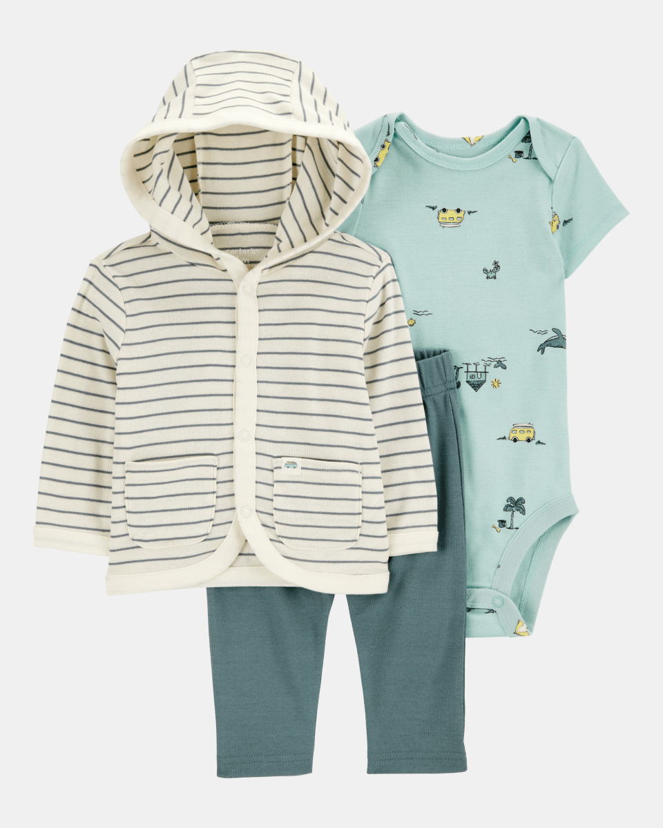 Conjunto de tres piezas con sudadera con capucha y pantalón a rayas