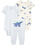 Conjunto de tres piezas en azul con rayas y estampado de dinosaurio