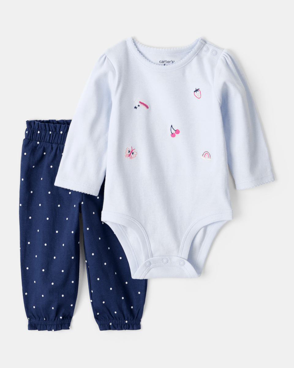 Conjunto dos piezas algodón con body de frutas de manga larga y pantalón azul