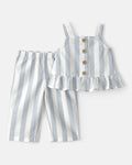 Conjunto dos piezas blusa sin mangas y pantalón de lino, diseño a rayas celeste