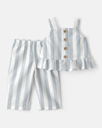 Conjunto dos piezas blusa sin mangas y pantalón de lino, diseño a rayas celeste