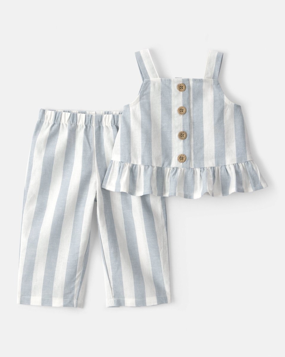 Conjunto dos piezas blusa sin mangas y pantalón de lino, diseño a rayas celeste