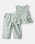 Conjunto dos piezas blusa y pantalón de lino, diseño a rayas verde