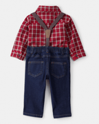 Conjunto dos piezas camisa a cuadros y pantalón con tirantes denim