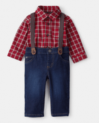 Conjunto dos piezas camisa a cuadros y pantalón con tirantes denim