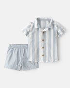 Conjunto dos piezas camisa de lino y pantalón corto de algodón, diseño a rayas azul