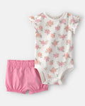 Conjunto dos piezas camisa y pantalón corto de alogdón, diseño floral rosa