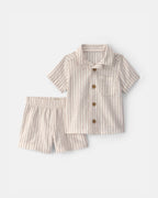 Conjunto dos piezas camisa y pantalón corto de lino, diseño a rayas crema