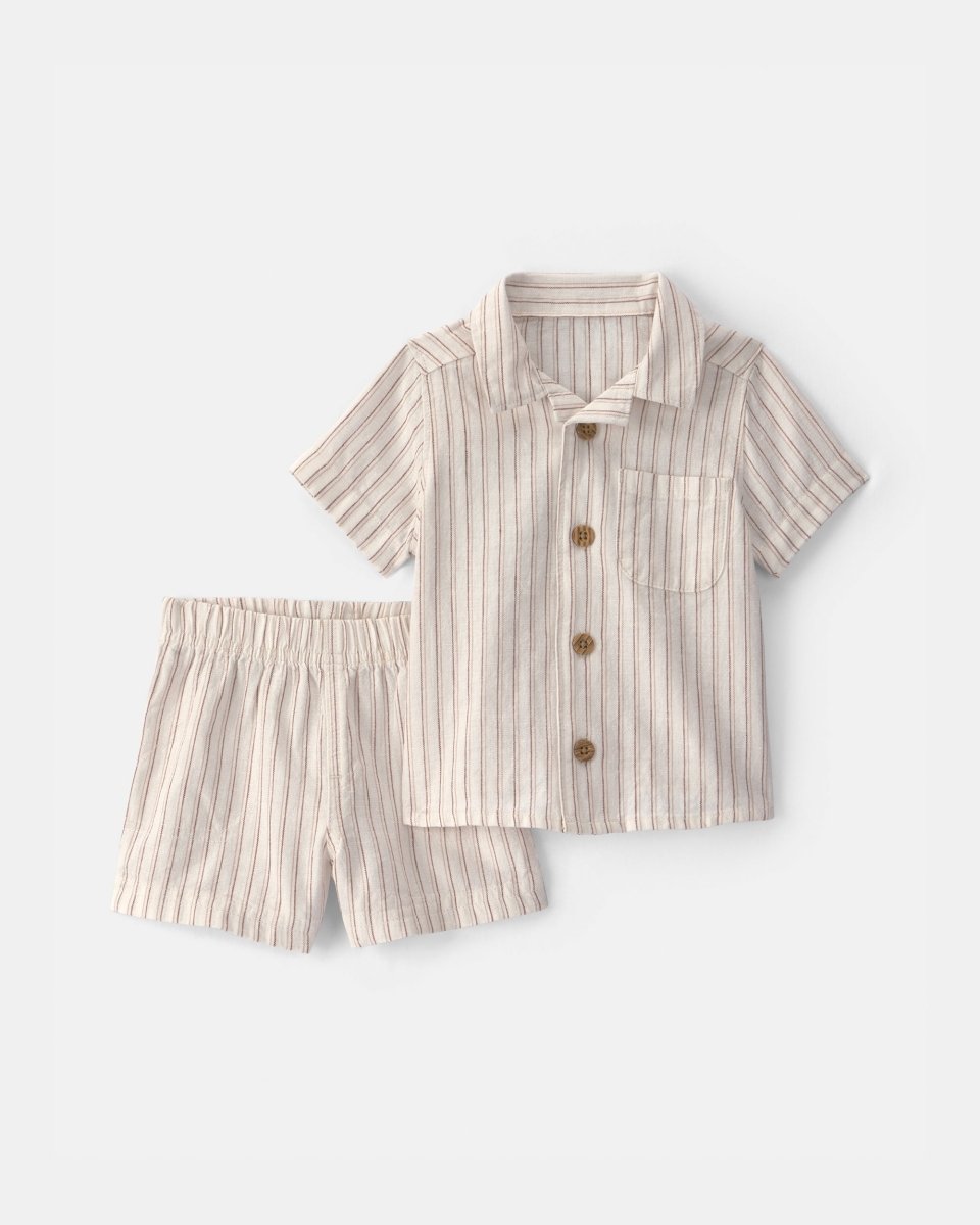 Conjunto dos piezas camisa y pantalón corto de lino, diseño a rayas crema