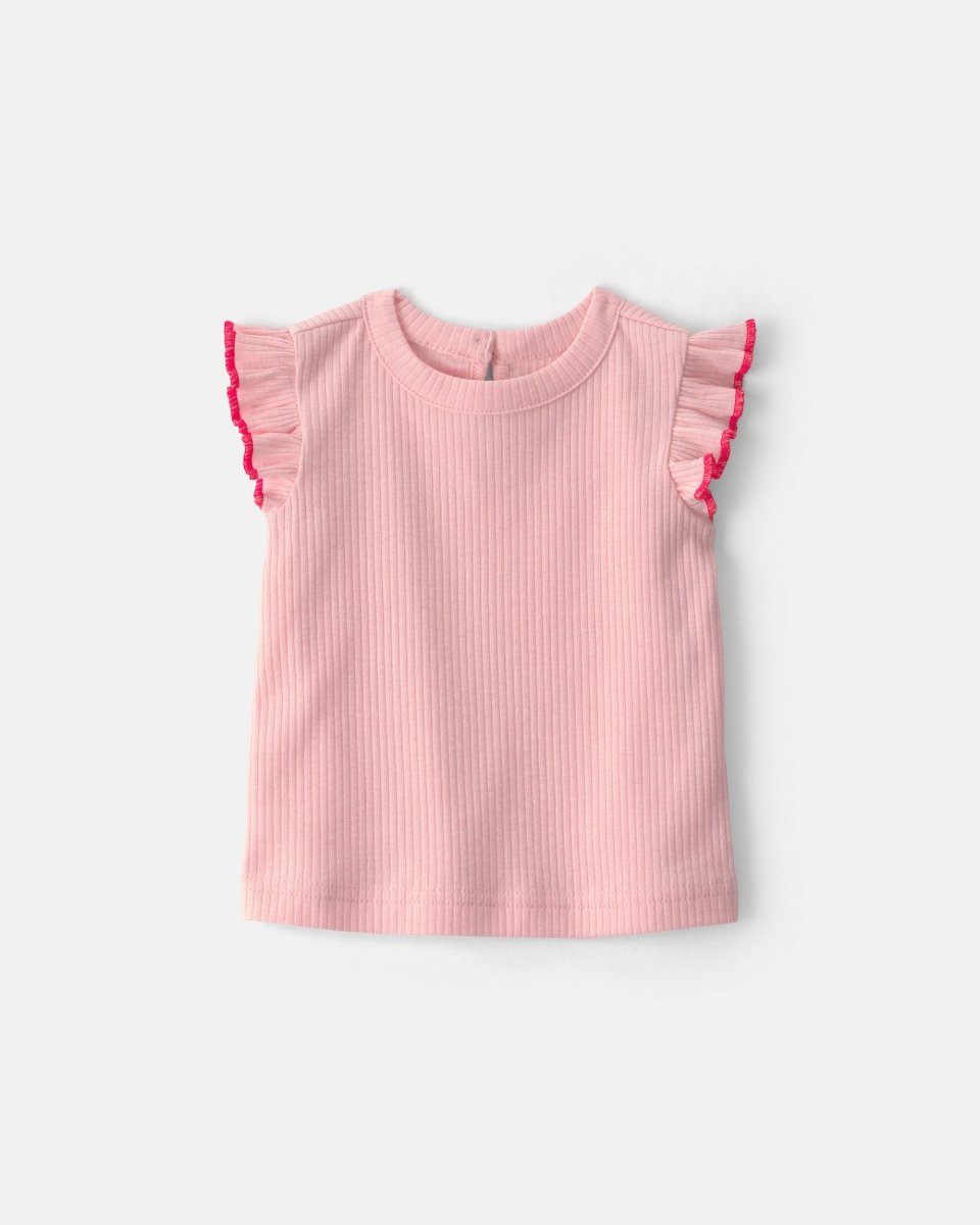 Conjunto dos piezas de algodón con peto corto chambray y camiseta con volantes rosa