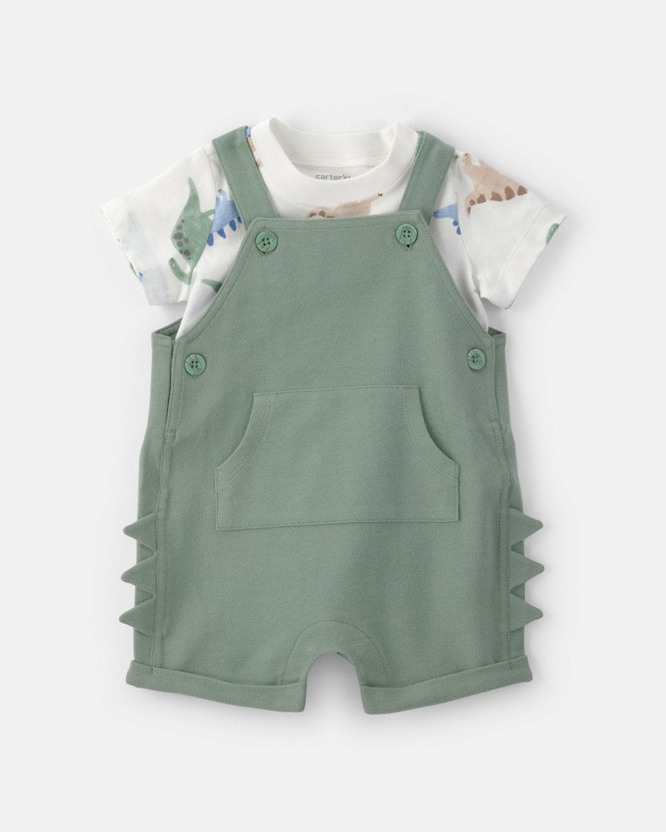 Conjunto dos piezas de algodón con peto corto y camiseta diseño dinosaurio