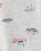 Conjunto dos piezas de algodón peto chambray y camiseta, diseño barcos