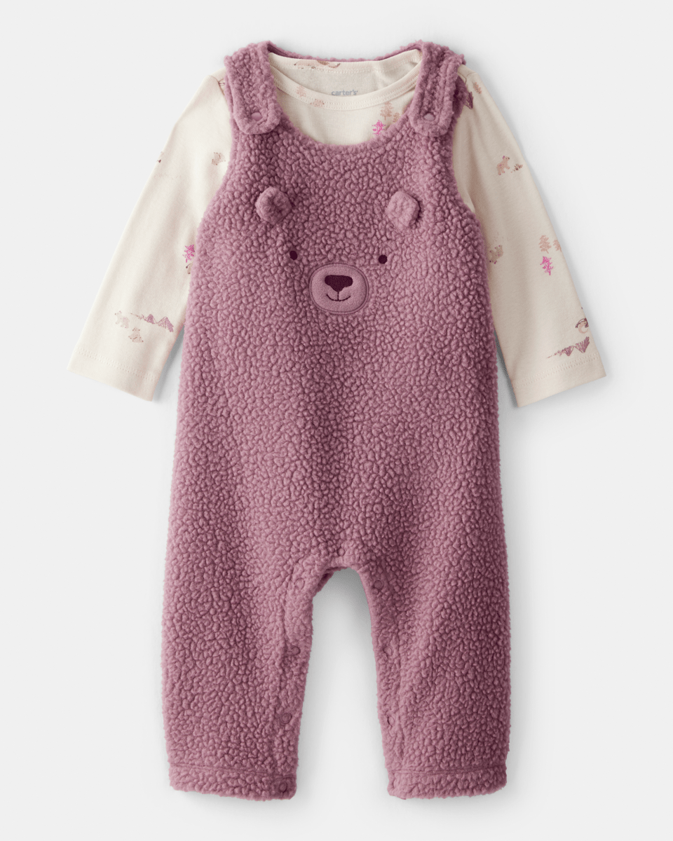 Conjunto dos piezas peto de felpa con oso y camiseta morado
