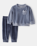 Conjunto dos piezas sudadera de felpa con oso y pantalón jogger azul