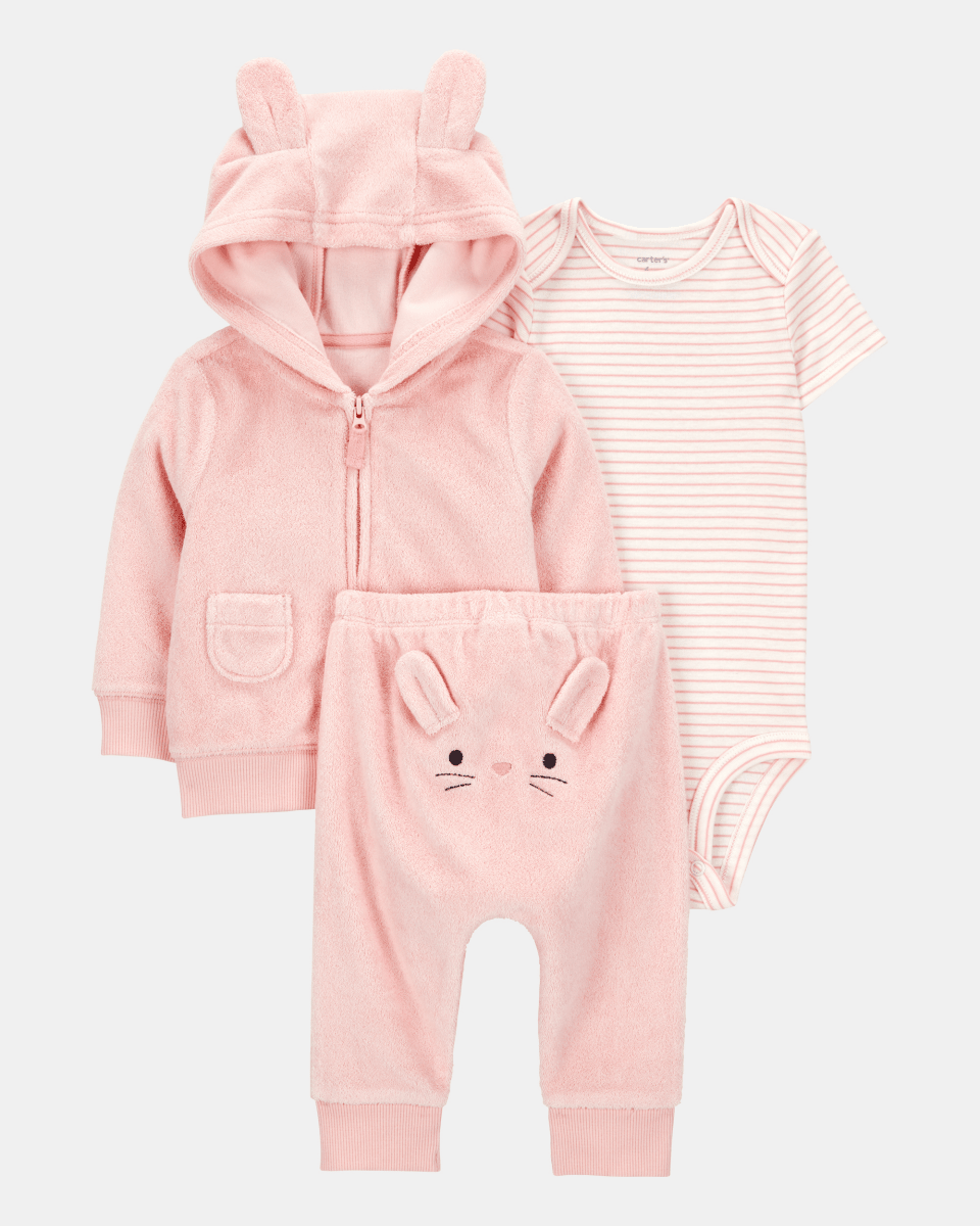 Conjunto tres piezas algodón chaqueta y pantalón terry más body diseño conejita
