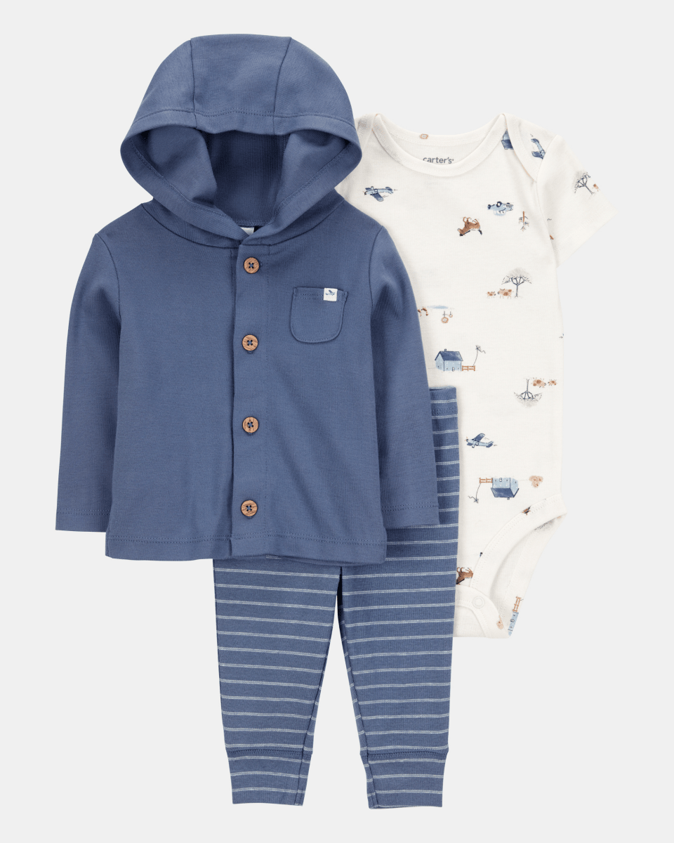 Conjunto tres piezas algodón pantalón chaqueta con capucha y body