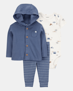 Conjunto tres piezas algodón pantalón chaqueta con capucha y body