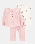 Conjunto tres piezas algodón pantalón y chaqueta punto canalés más body rosa