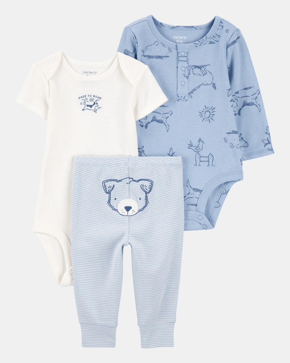 Conjunto tres piezas algodón pantalón y dos bodies azules