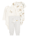 Conjunto tres piezas algodón pantalón y dos bodies diseño aves