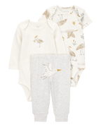 Conjunto tres piezas algodón pantalón y dos bodies diseño aves
