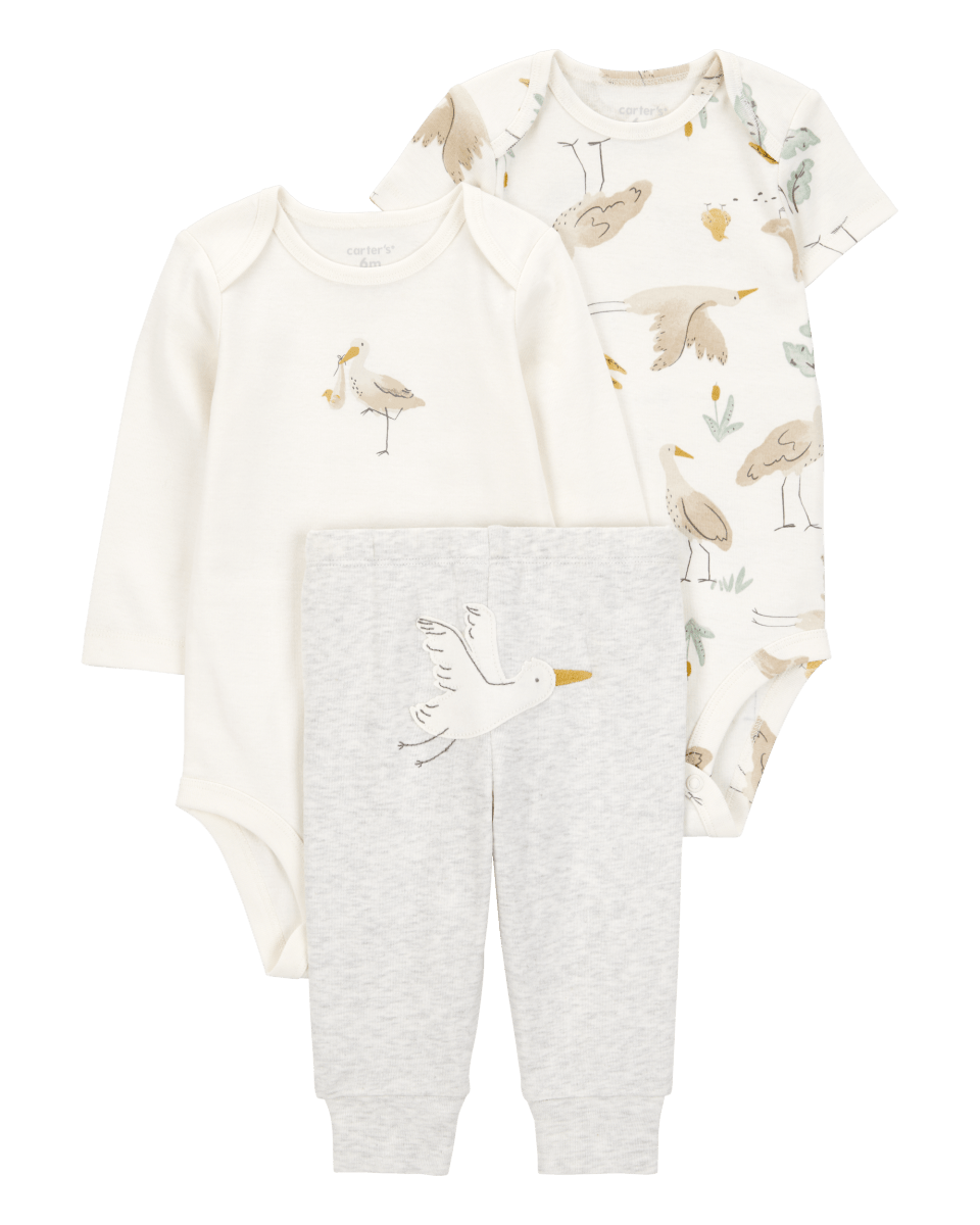 Conjunto tres piezas algodón pantalón y dos bodies diseño aves