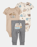 Conjunto tres piezas algodón pantalón y dos bodies diseño constructor