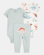Conjunto tres piezas algodón pantalón y dos bodies diseño dinos
