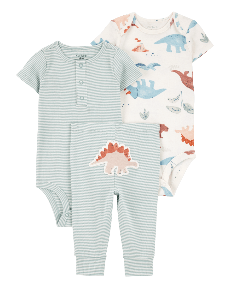 Conjunto tres piezas algodón pantalón y dos bodies diseño dinos
