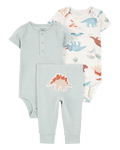 Conjunto tres piezas algodón pantalón y dos bodies diseño dinos