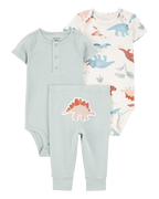 Conjunto tres piezas algodón pantalón y dos bodies diseño dinos