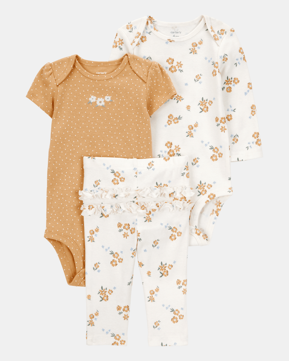 Conjunto tres piezas algodón pantalón y dos bodys diseño floral