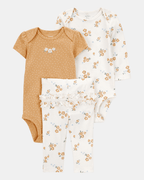 Conjunto tres piezas algodón pantalón y dos bodys diseño floral