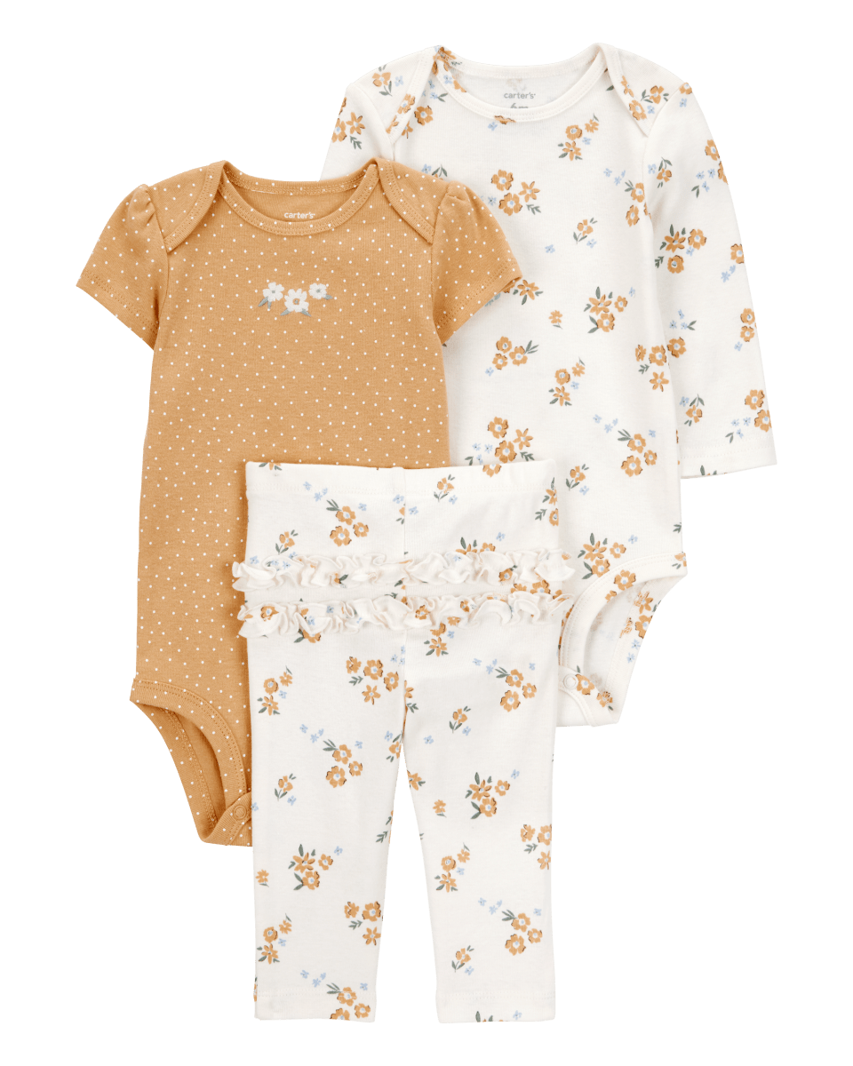 Conjunto tres piezas algodón pantalón y dos bodys diseño floral