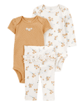 Conjunto tres piezas algodón pantalón y dos bodys diseño floral