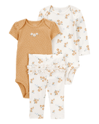 Conjunto tres piezas algodón pantalón y dos bodys diseño floral