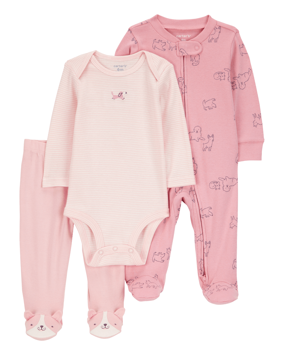 Conjunto tres piezas algodón pijama con pantalón y body diseño perro
