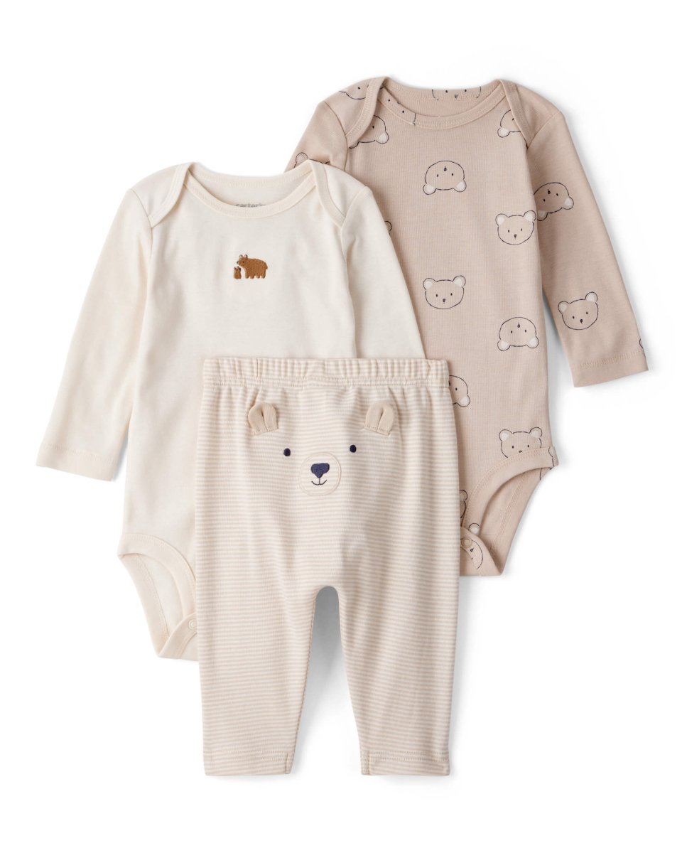 Conjunto tres piezas bodies manga larga y pantalón con oso marrón y blanco