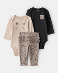 Conjunto tres piezas bodies manga larga y pantalón estampado leopardo