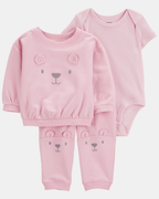 Conjunto tres piezas body de algodón, sudadera y pantalón, diseño de osito