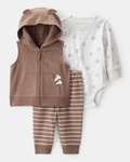 Conjunto tres piezas chaleco con capucha, body estampado perro y pantalón