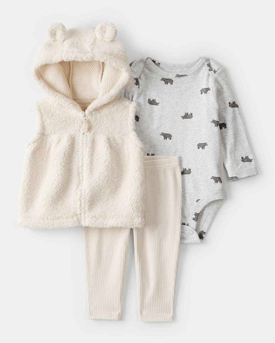 Conjunto tres piezas chaleco con oso, body y pantalón blanco