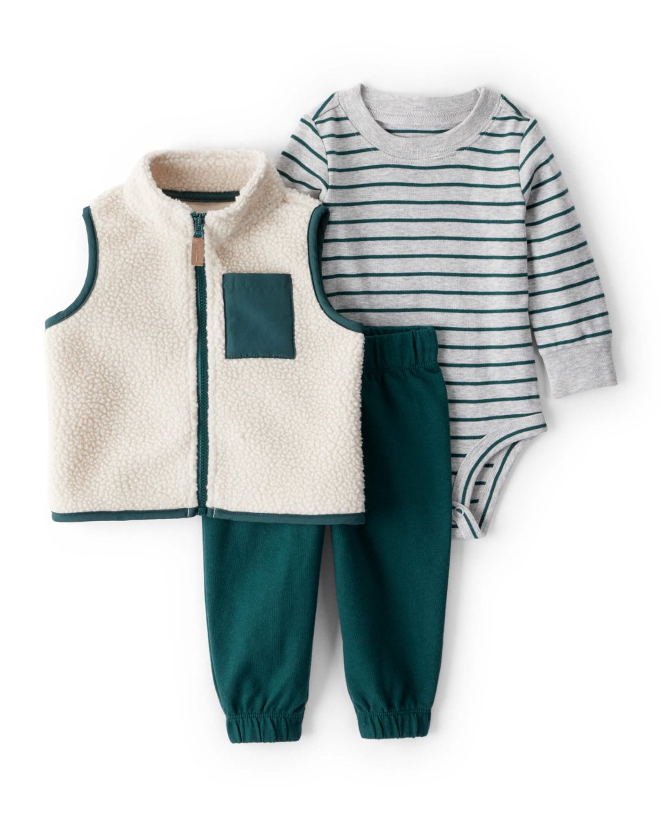 Conjunto tres piezas chaleco de forro polar, body y pantalón verde